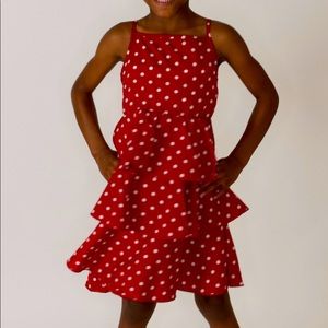 Girls spaghetti strap red and white polka dot dress